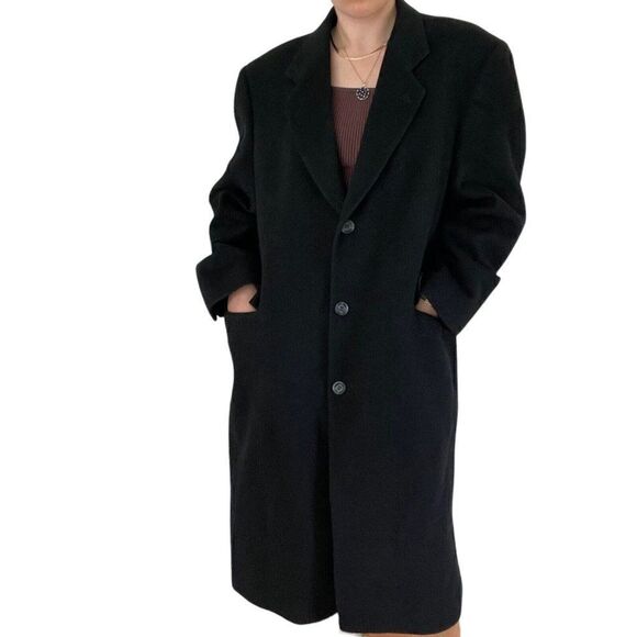 Vintage Unisex Charcoal Gray Cashmere Wool Blend Preppy Long Trench Coat Sz 42R - Picture 1 of 11